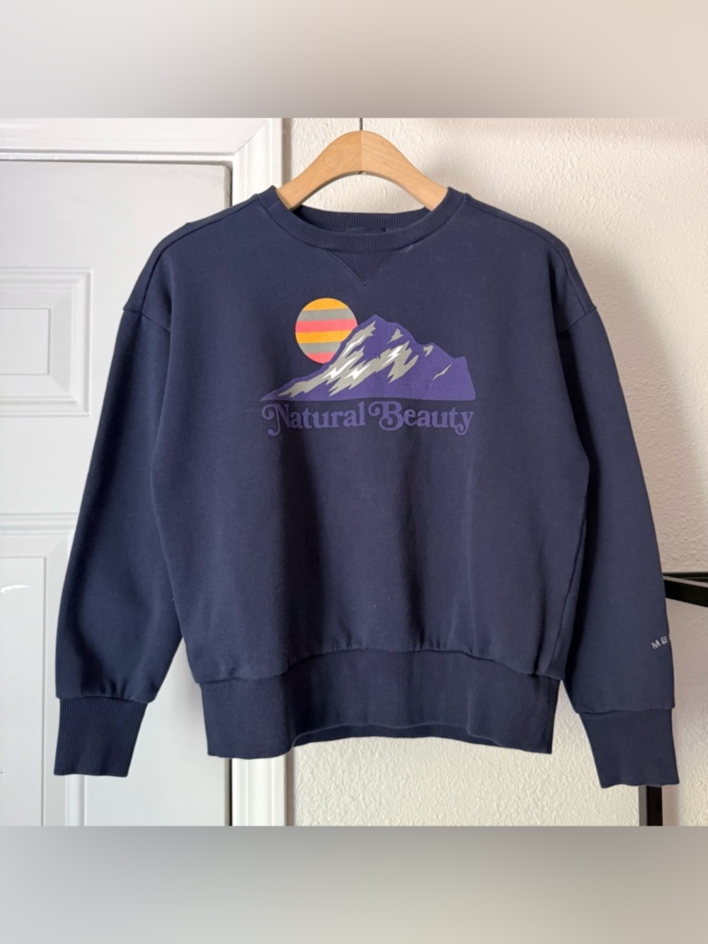 MERRELL‎ navy blue organic cotton knit crew neck graphic boxy pullover sweater
